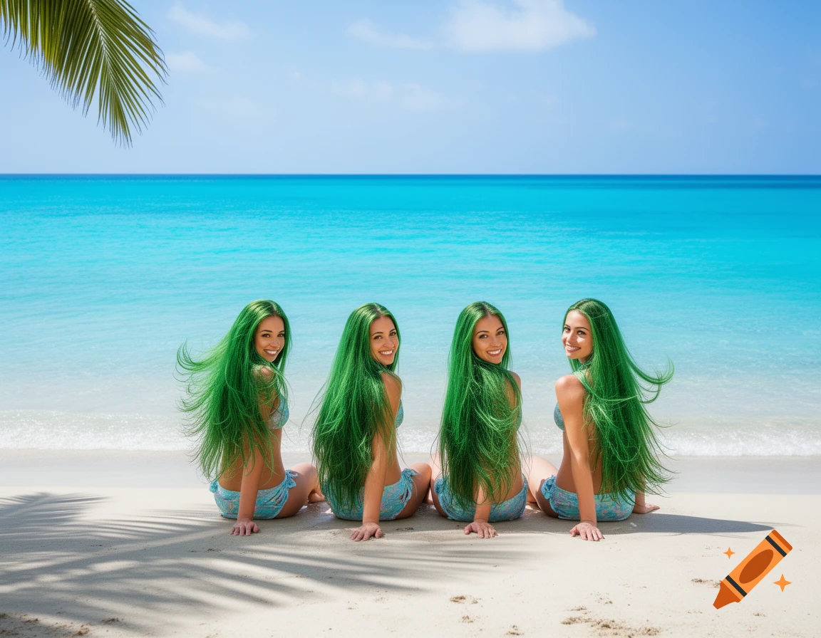 Four women with long green hair in bikinis sit on a tropical beach by the turquoise ocean, smiling at the camera.