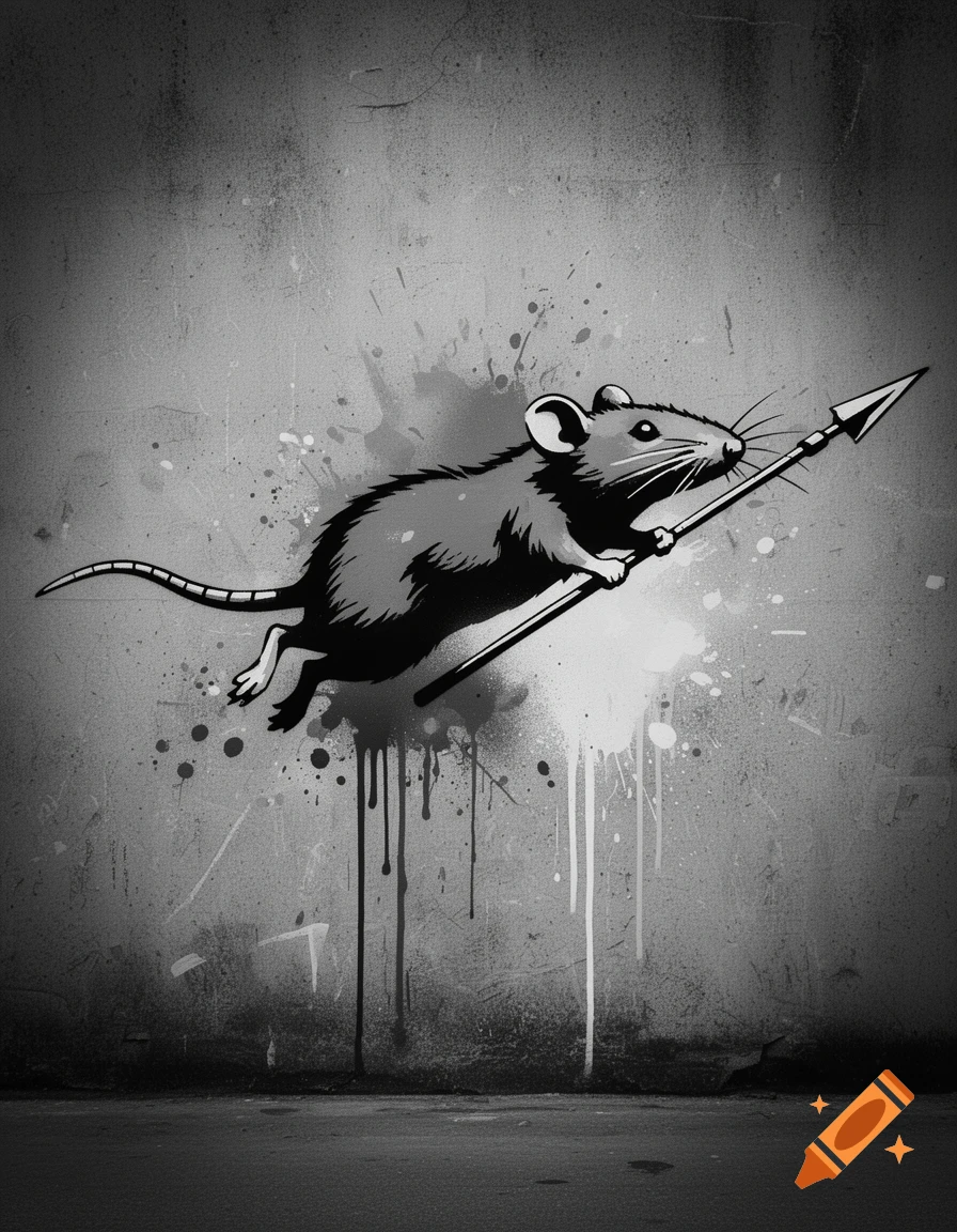 Banksy-style black and white graffiti of a rat holding a spear against a textured, splattered wall.