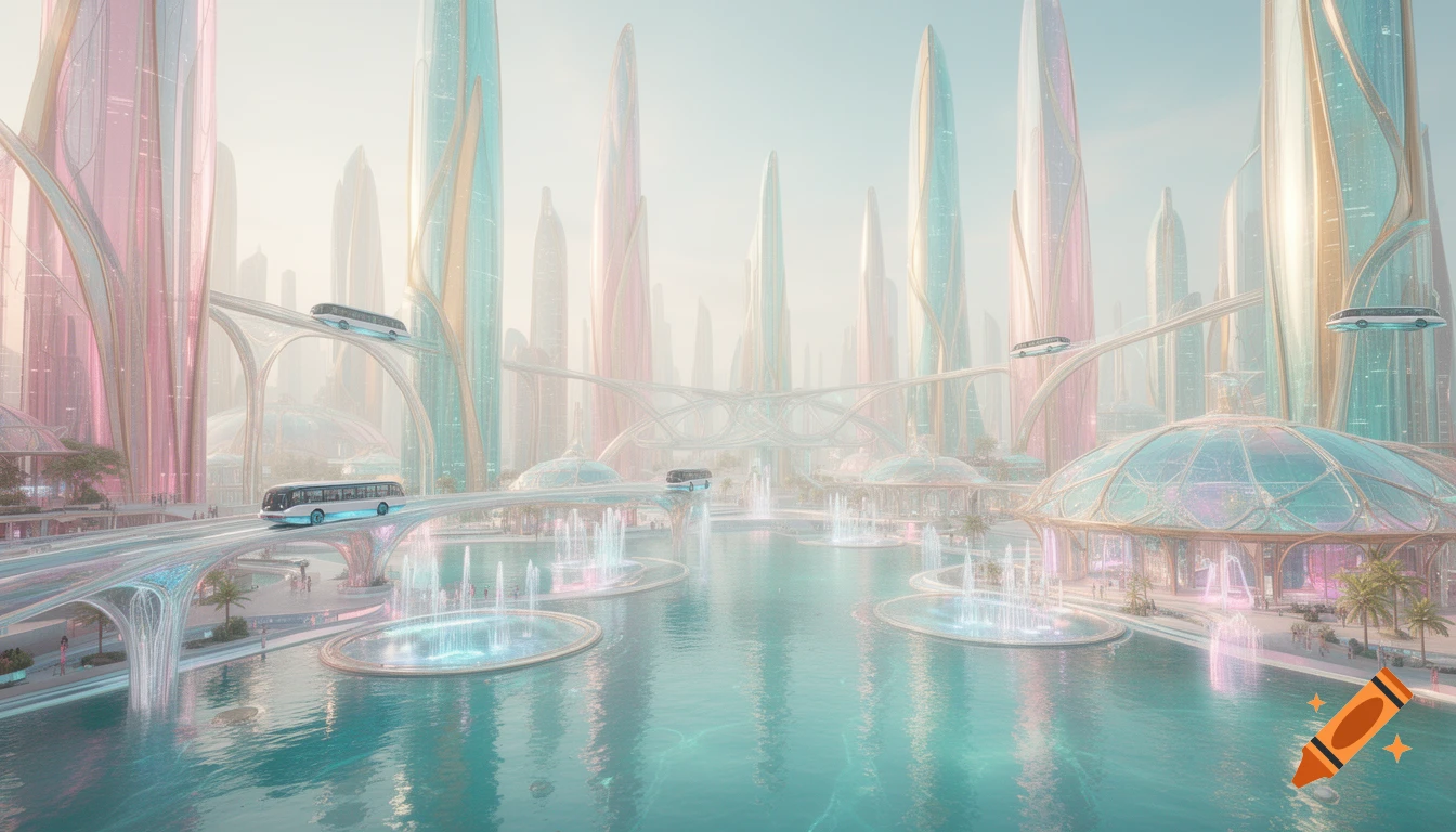 A pastel aquatic-futurist metropolis with towering glass skyscrapers, transparent skybridges, and floating buses over shimmering turquoise water and glowing fountains.