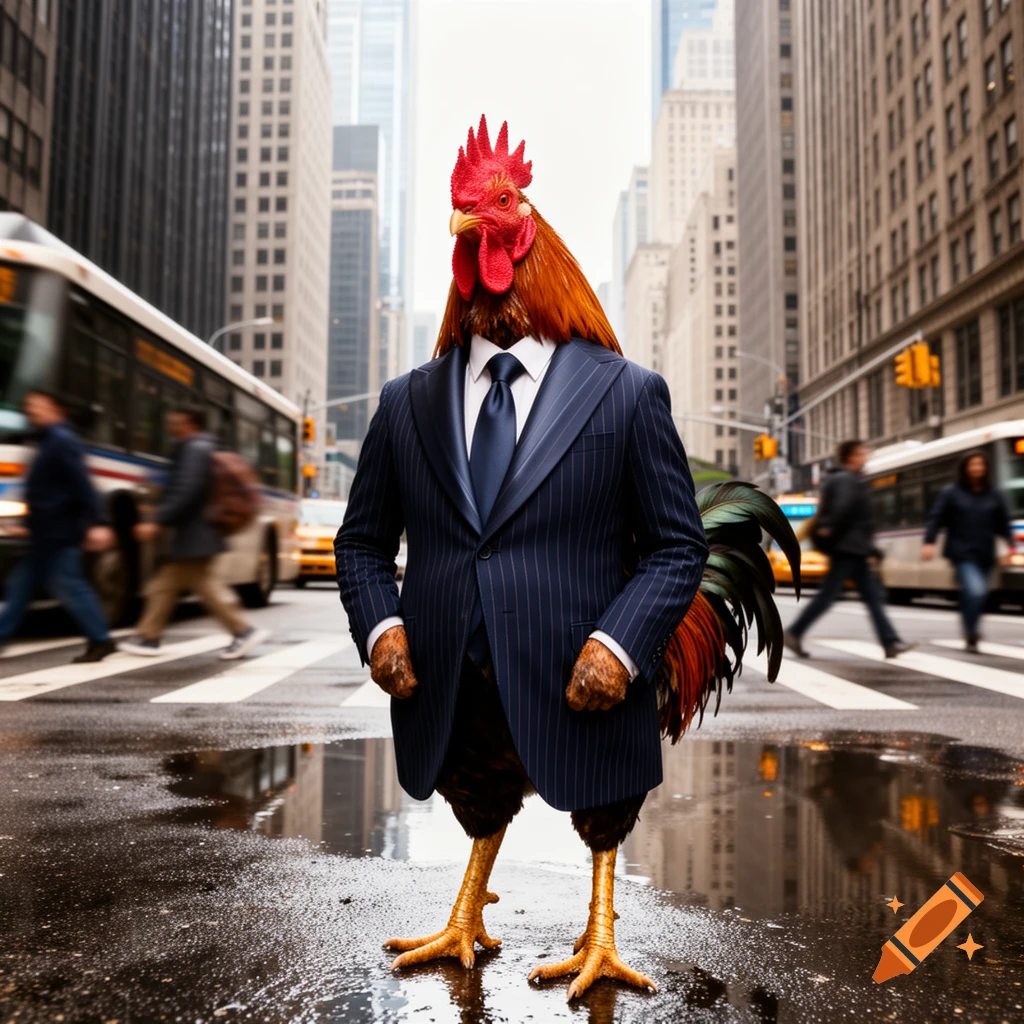 A photorealistic rooster in a dark pinstripe suit and tie stands on a wet city street with blurred urban background.