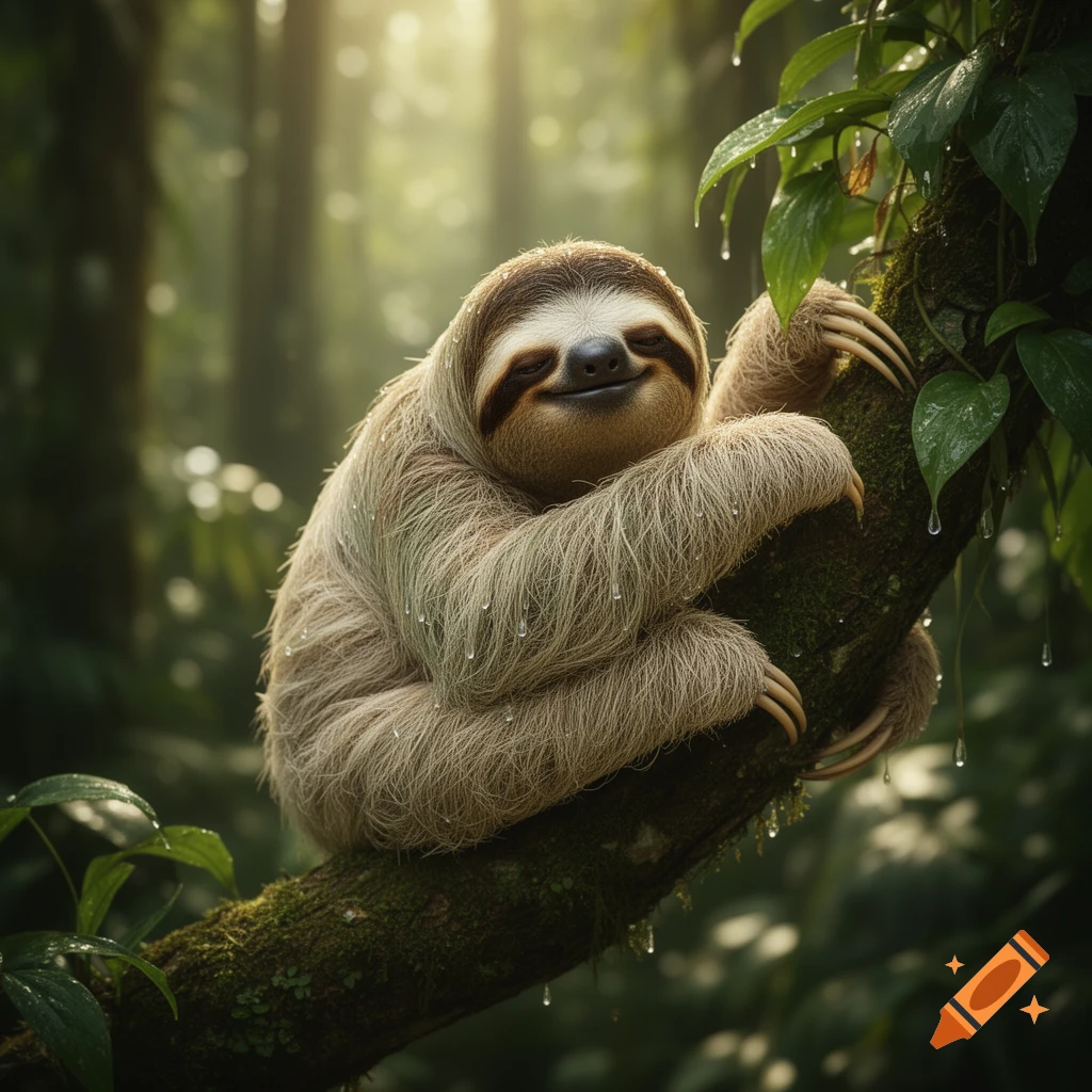A cute, smiling sloth covered in water droplets hangs on a mossy tree branch in a sun-dappled rainforest.