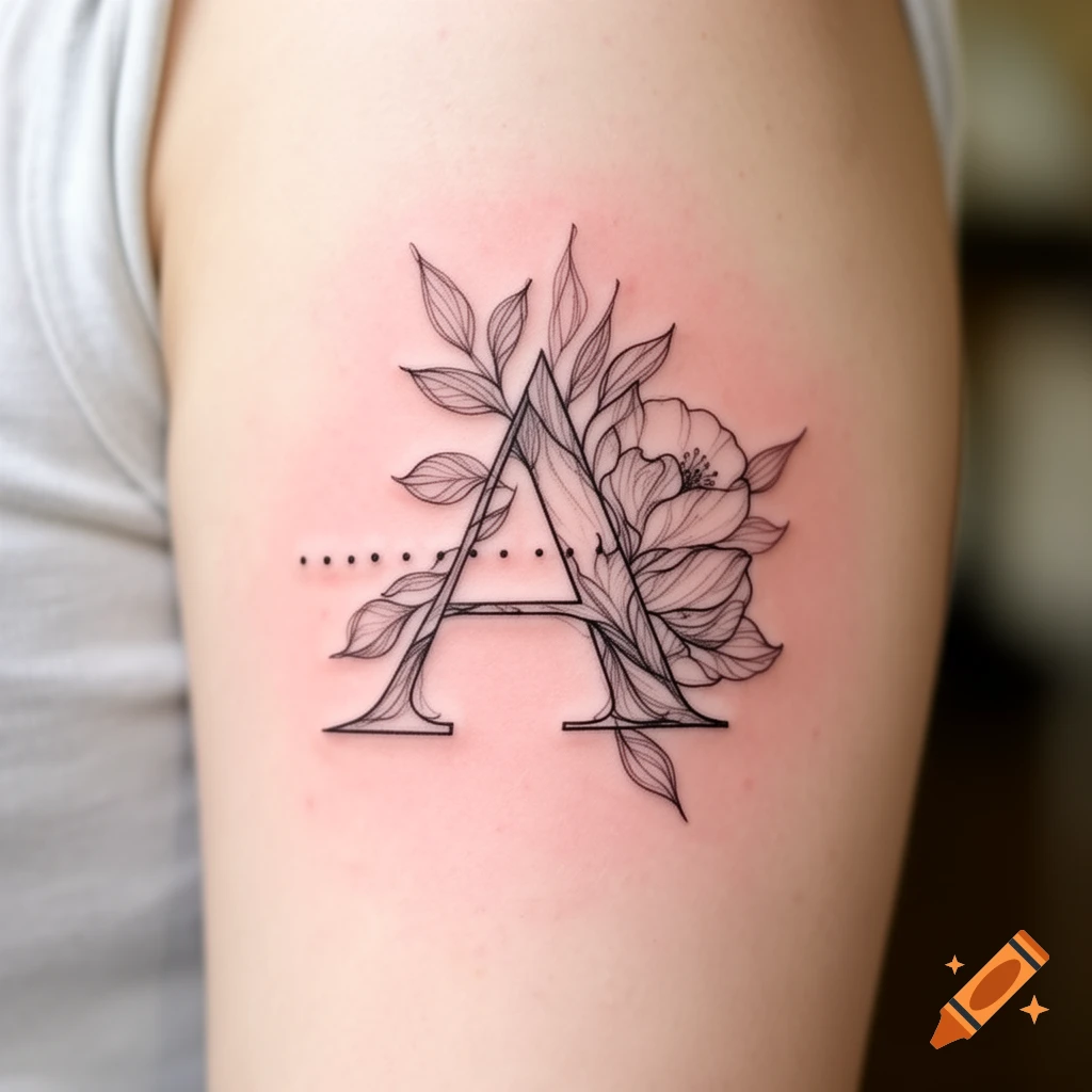 Fine line floral tattoo of the letter A with decorative dots on an arm.