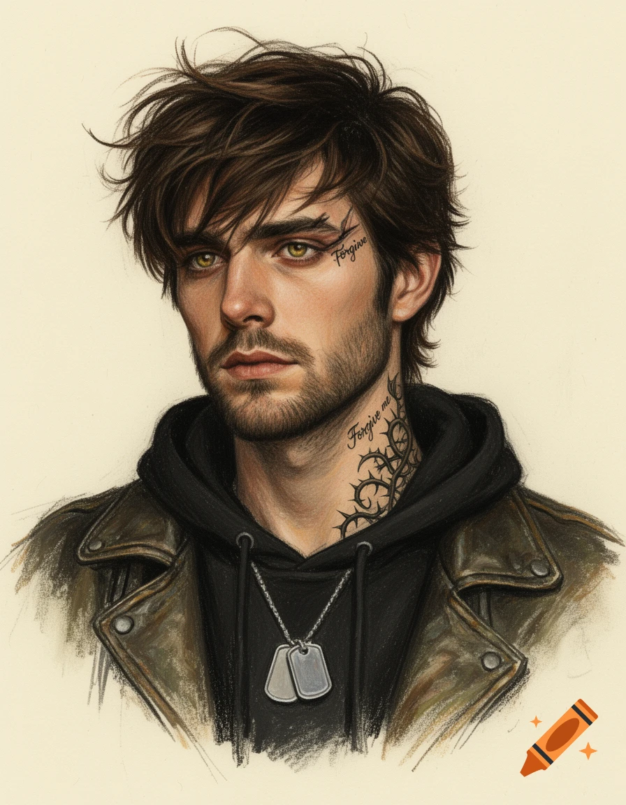 A melancholic sketch portrait of a man with messy brown hair, beard, intense eyes, tattoos, and dog tags, wearing a leather jacket and hoodie.