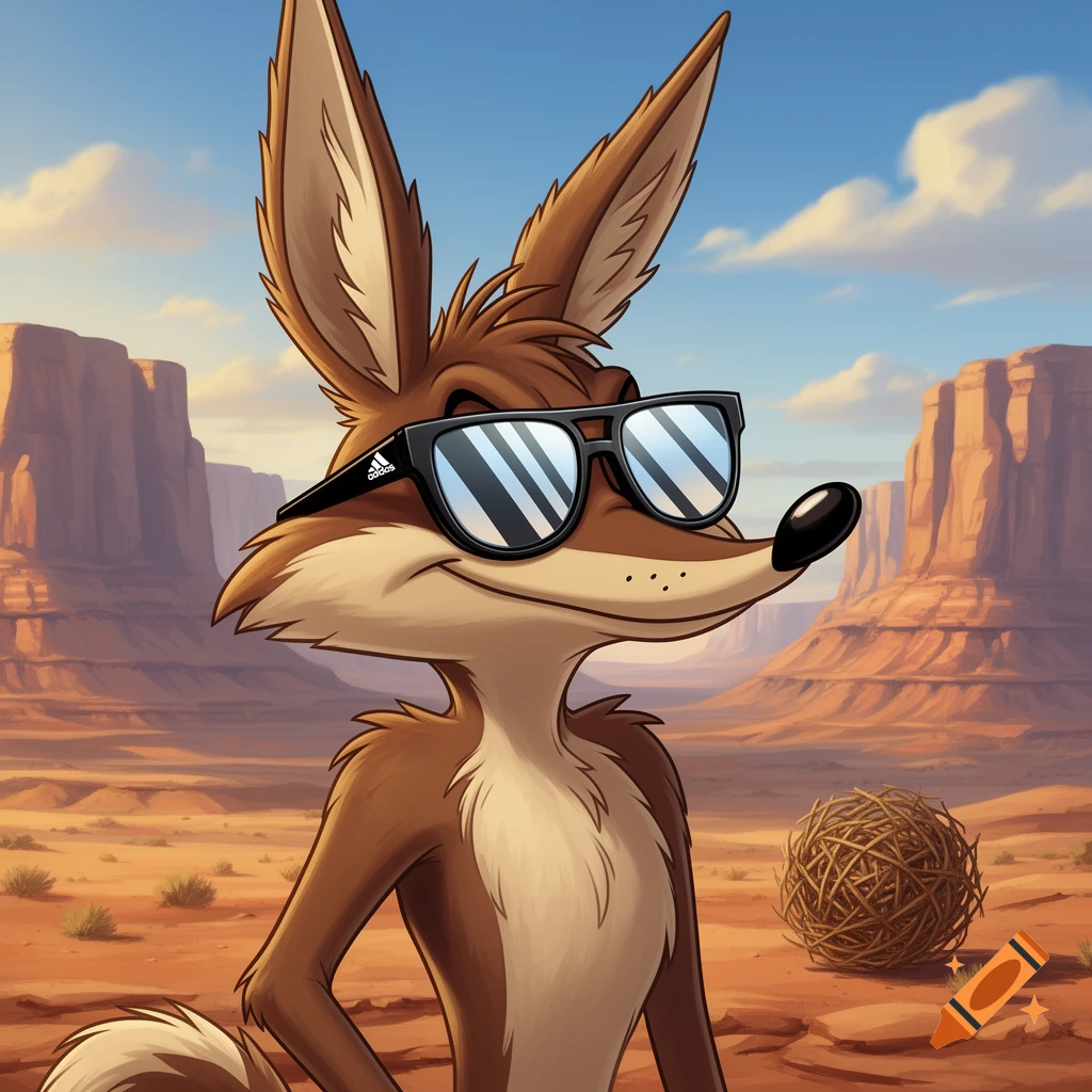 A cartoon coyote wearing black Adidas sunglasses smiles in a desert landscape with mesas and a tumbleweed.