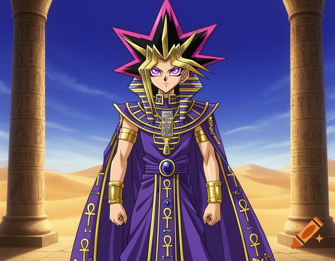 Atem from Yu-Gi-Oh! in an elaborate purple and gold Egyptian pharaoh's robe, standing between two hieroglyph-carved pillars in a desert landscape.