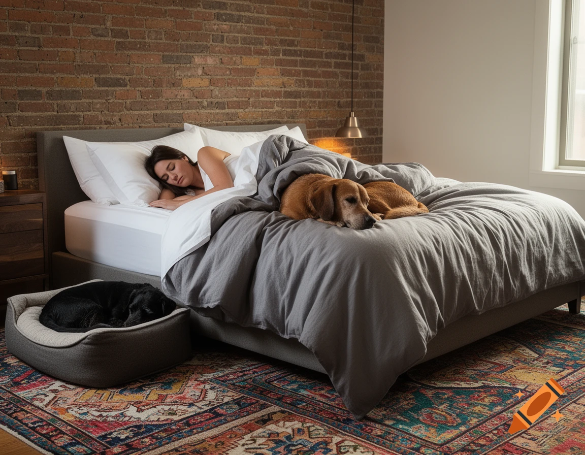 A woman sleeps peacefully in a bed with a brown dog, while a black dog sleeps in its bed on the floor in an eclectic bedroom.
