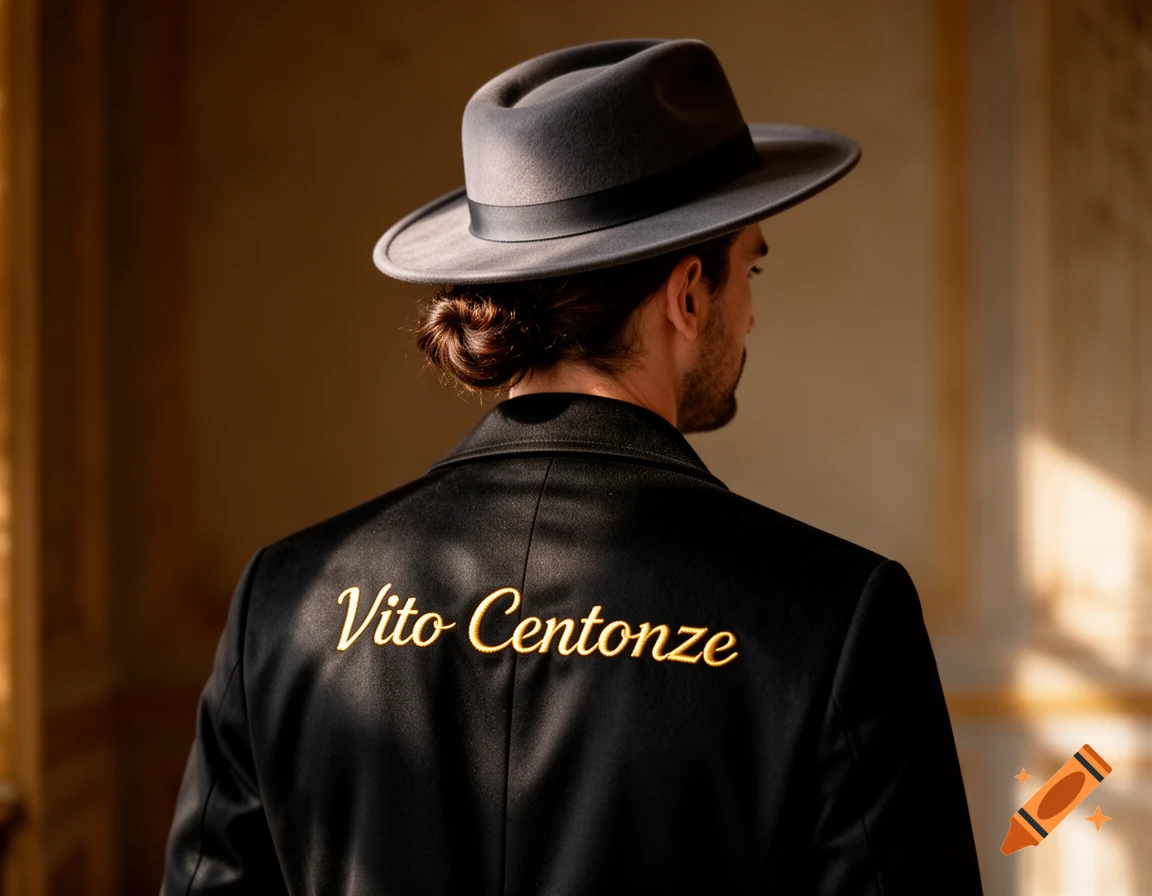 A man seen from behind, wearing a grey fedora hat and a black jacket with the name "Vito Centonze" embroidered in gold on the back.