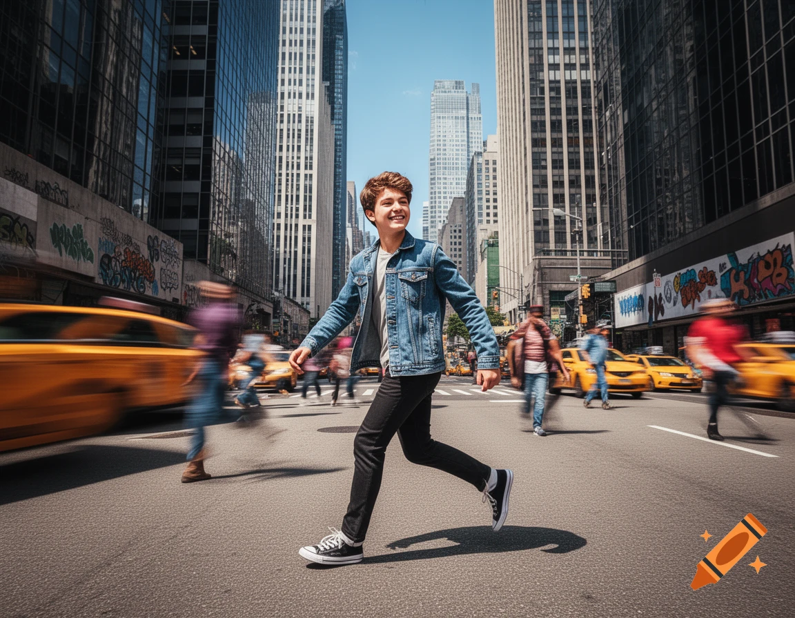 A smiling young person in a denim jacket runs across a busy city street, with blurred yellow taxis and tall buildings in the background.