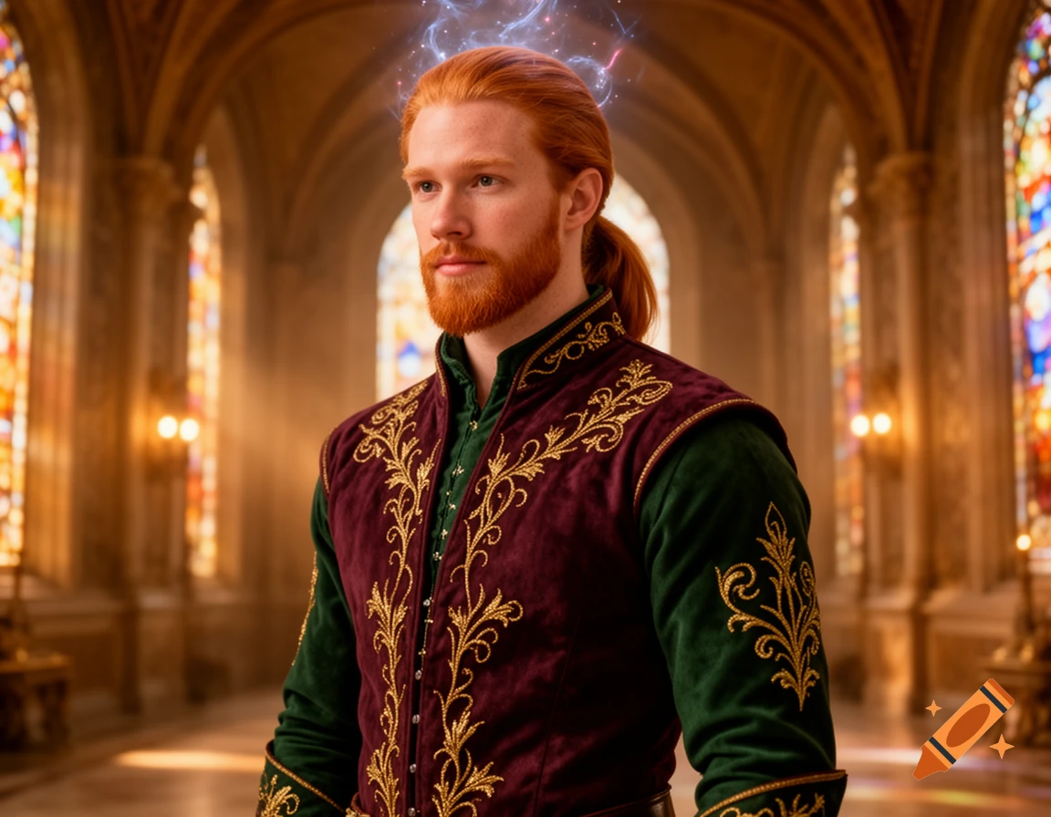 A red-haired man with a ponytail and beard in an ornate maroon and green fantasy tunic stands in a grand hall with stained-glass windows, a glow above his head.
