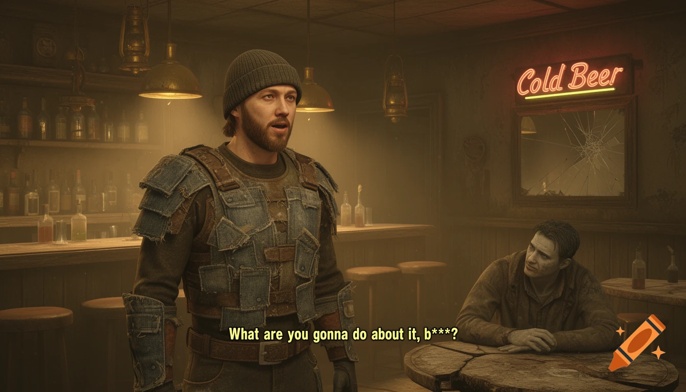 Two men in a dimly lit, gritty bar; one stands defiantly, the other sits looking somber. A "Cold Beer" neon sign hangs above a broken mirror.