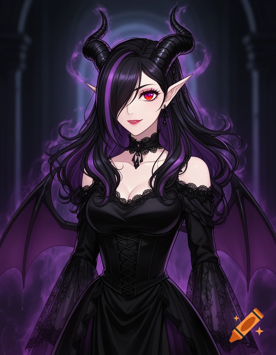 An anime character with black and purple hair, red eyes, horns, and bat wings wears a black gothic dress.