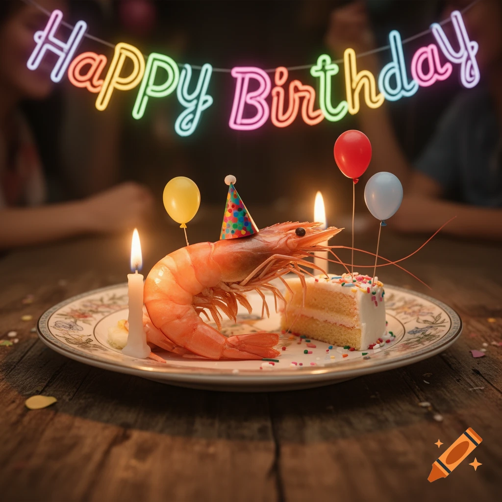 A photorealistic cooked shrimp wearing a party hat next to a slice of cake with lit candles and balloons, under a 'Happy Birthday' banner.