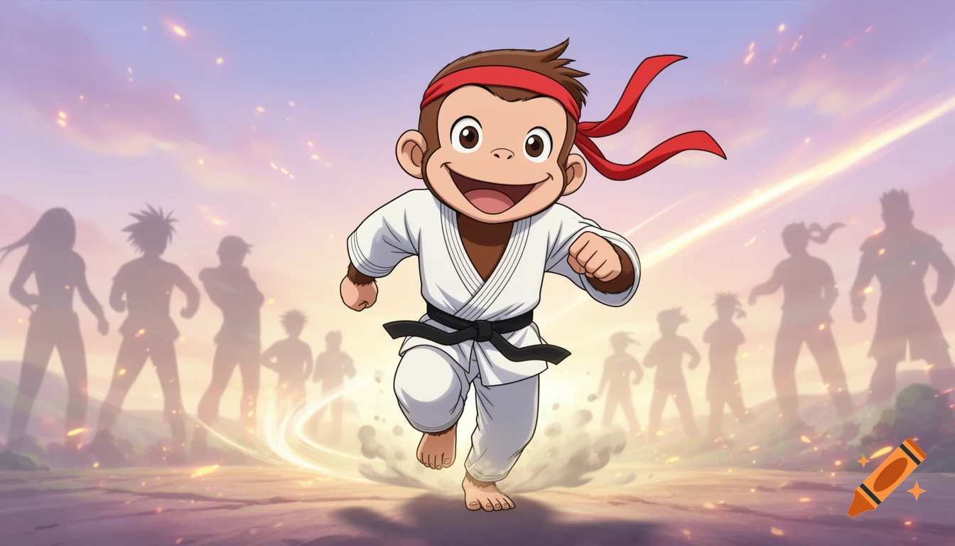 Curious George in a white karate gi and red headband runs forward with a smile, against a dynamic background of character silhouettes.