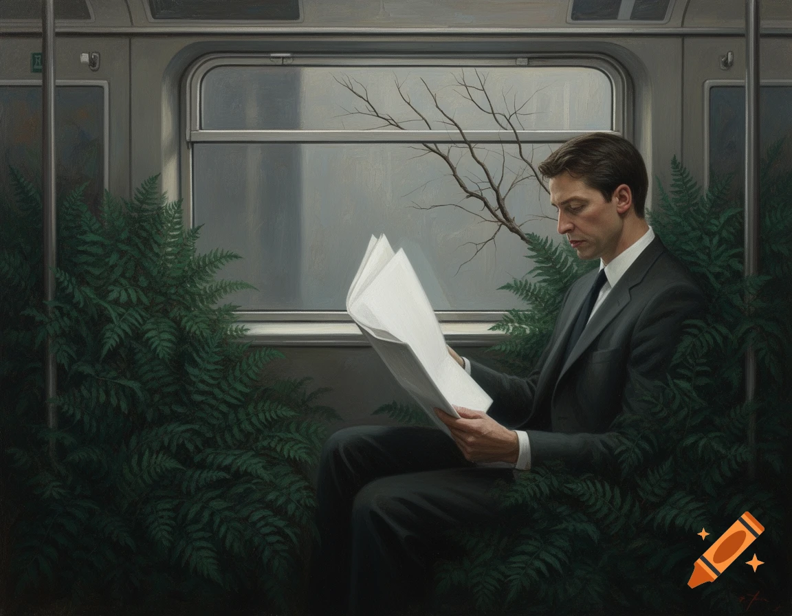 A man in a suit reads a blank newspaper in a train overgrown with ferns, a bare branch outside. Surreal oil painting.