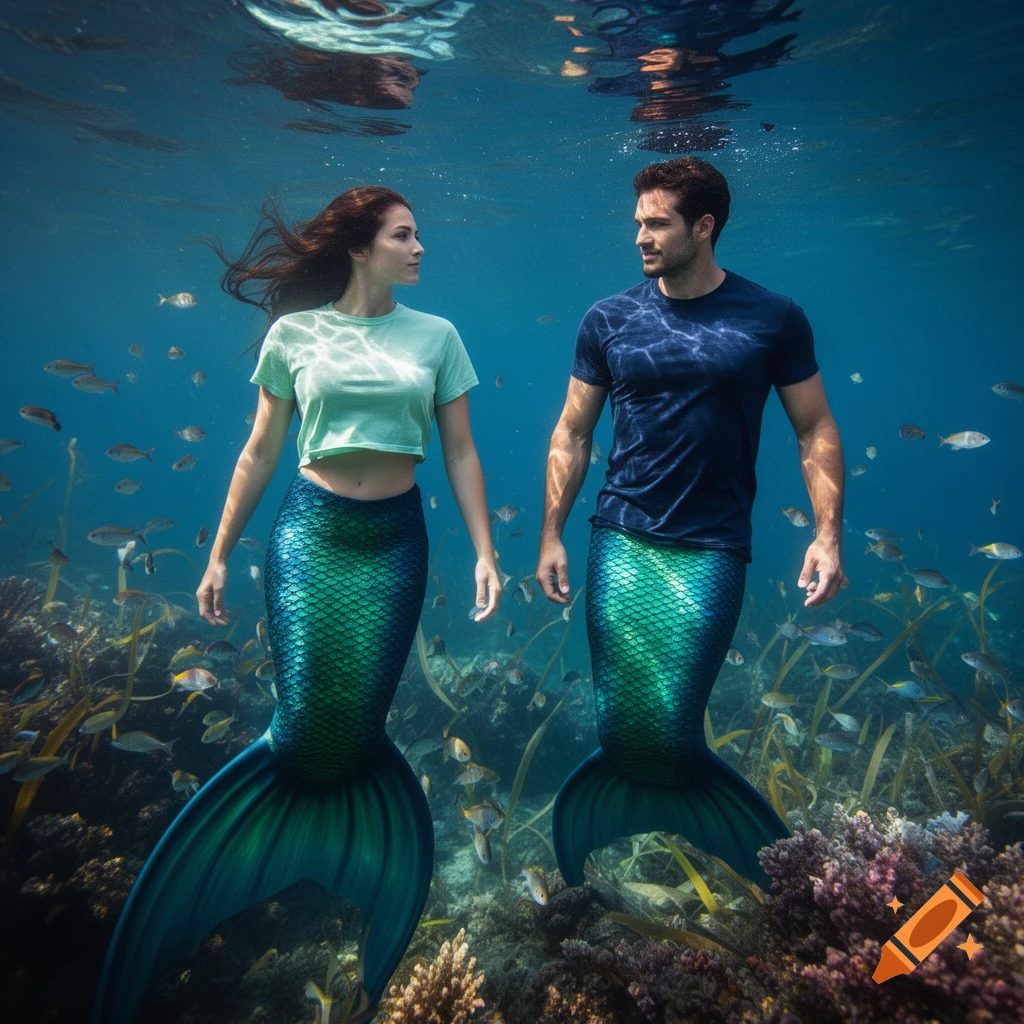 A mermaid and a merman in t-shirts swim gracefully among coral reefs and fish in clear blue water.