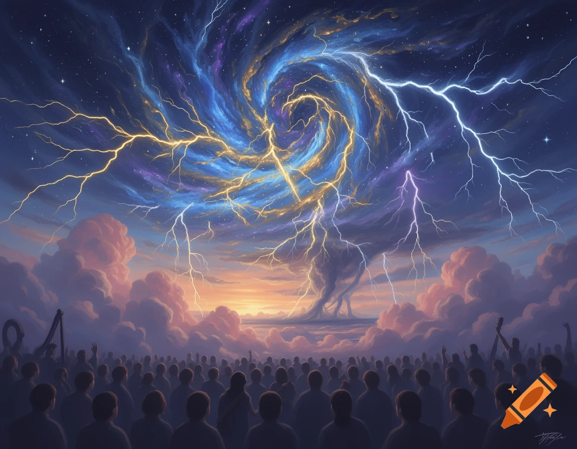 A large crowd views a vibrant celestial event with blue and gold lightning swirling in a starry, cloud-filled sky at sunset.
