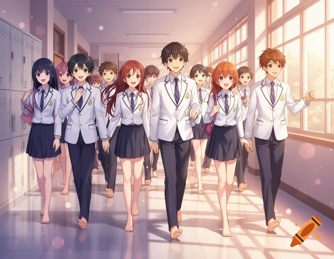 Anime students in school uniforms walk barefoot down a sunlit hallway with lockers.