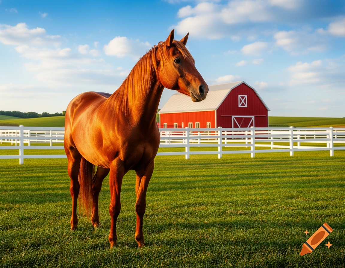 A majestic brown horse stands in a green pasture with white fences and a red barn under a blue sky, photorealistic.