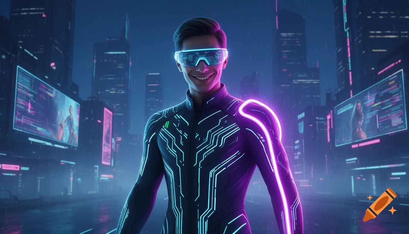 A smiling man in a cyberpunk suit with neon lights and futuristic glasses stands in a rainy neon city.