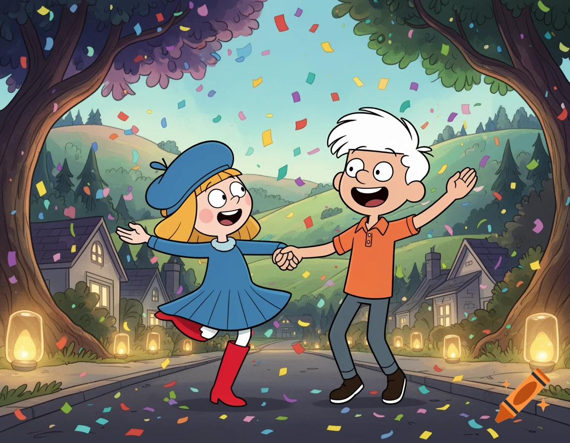 Cartoon girl in blue dress and boy in orange shirt dancing joyfully on a street with confetti falling, surrounded by houses and trees.