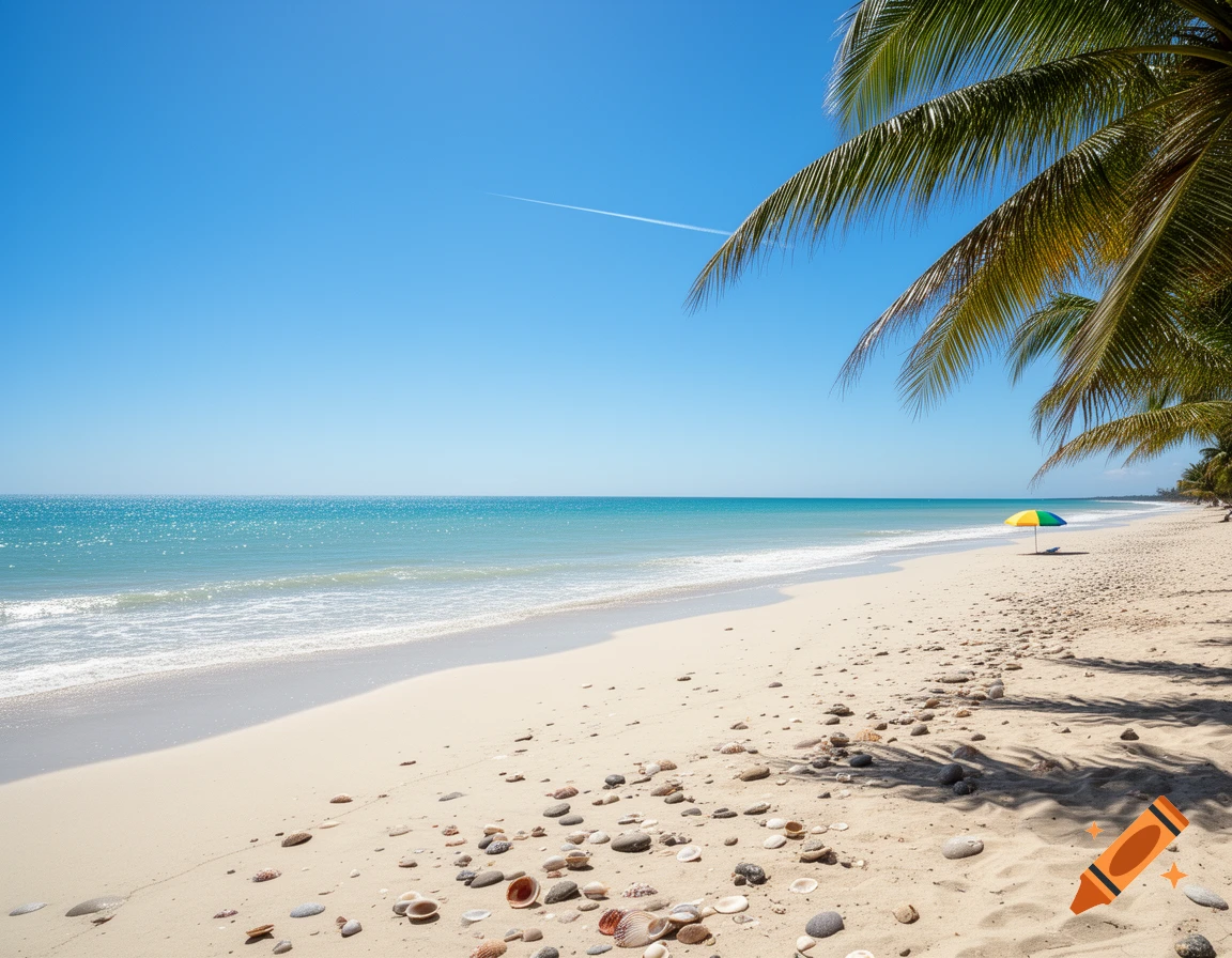 Photorealistic sunny beach with white sand, blue ocean, palm trees, and a colorful umbrella.