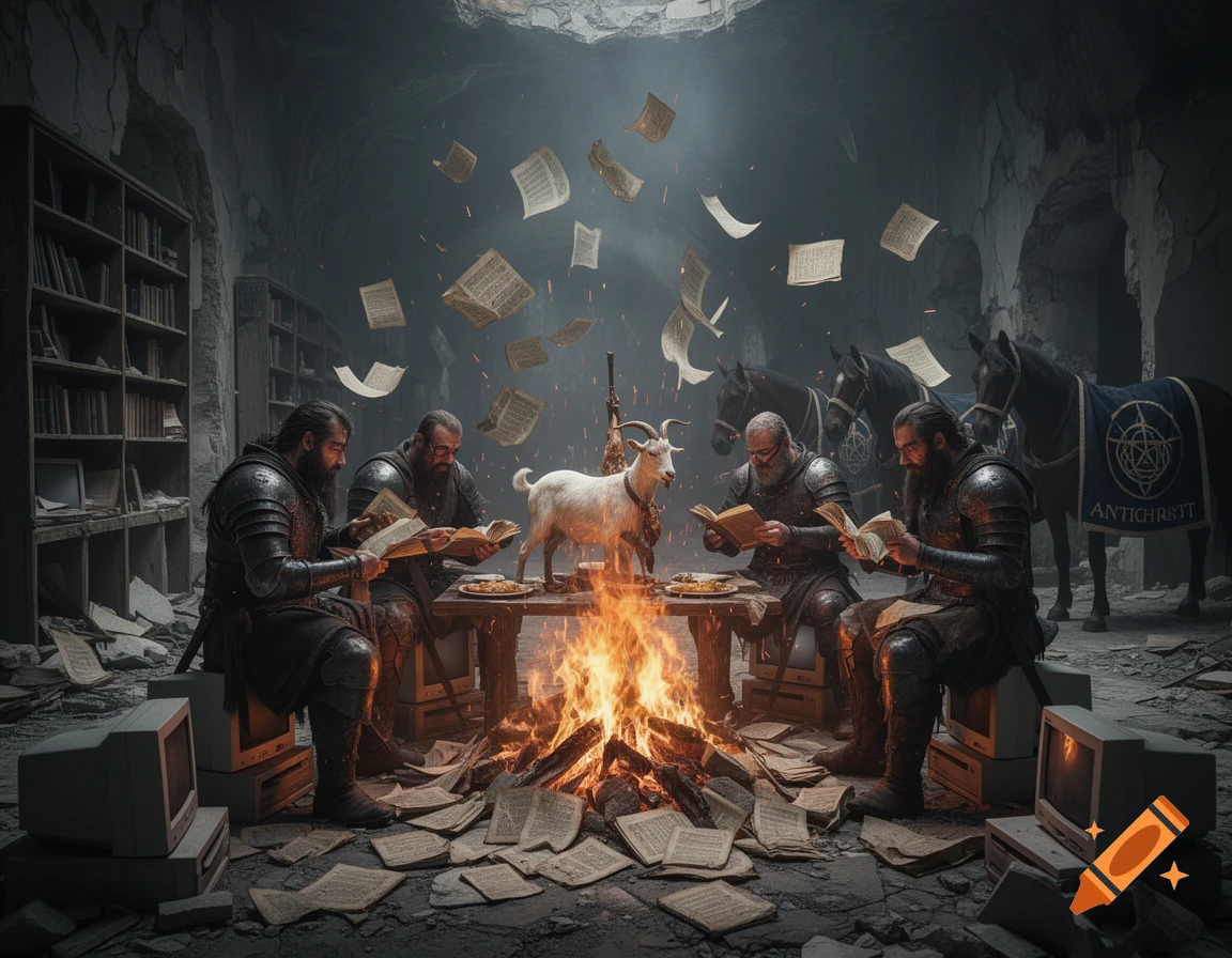 Armored knights feast in a cavern, burning manuscripts and roasting a goat over a fire, surrounded by old CRT monitors and horses with Antichrist banners.