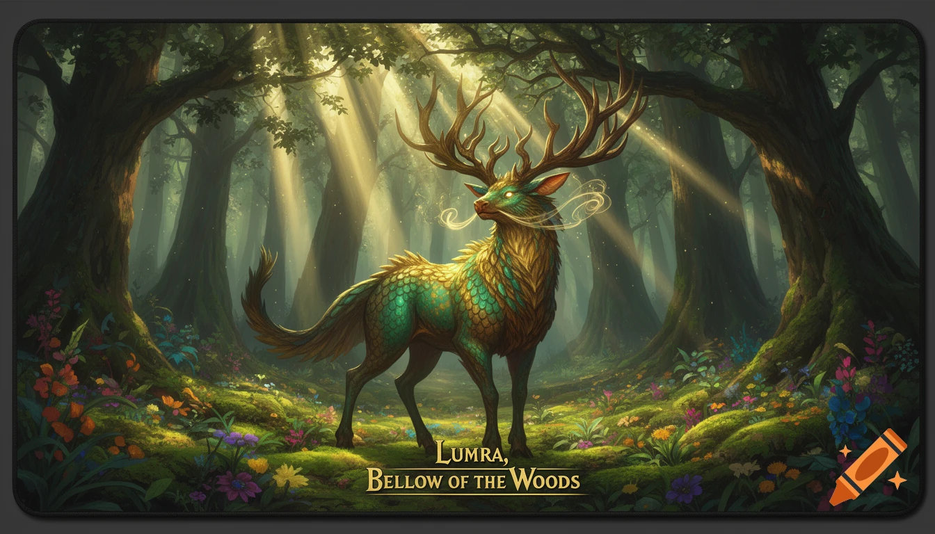 A majestic, scaled green and gold fantasy stag with large antlers stands in a sun-dappled magical forest. Text reads 'LUMRA, BELLOW OF THE WOODS'.