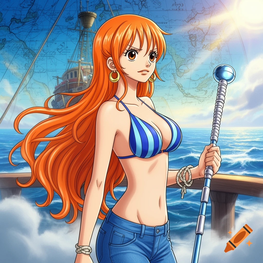 Nami from One Piece in a blue and white striped bikini top and jeans, standing on a ship deck with a map and ocean in the background.