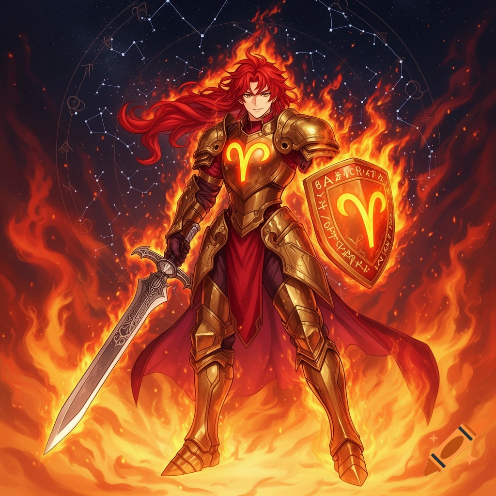 An anime-style male paladin with long red hair, wearing golden armor with the glowing Aries symbol on his chest and shield, stands surrounded by fire against a starry night sky with constellation outlines, holding a large sword.