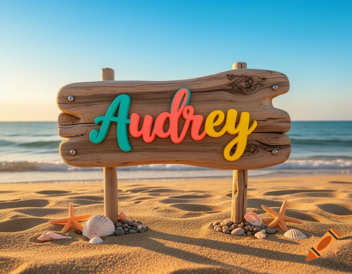 A wooden sign with the name Audrey in colorful letters stands in the sand on a sunny beach, surrounded by seashells and starfish.