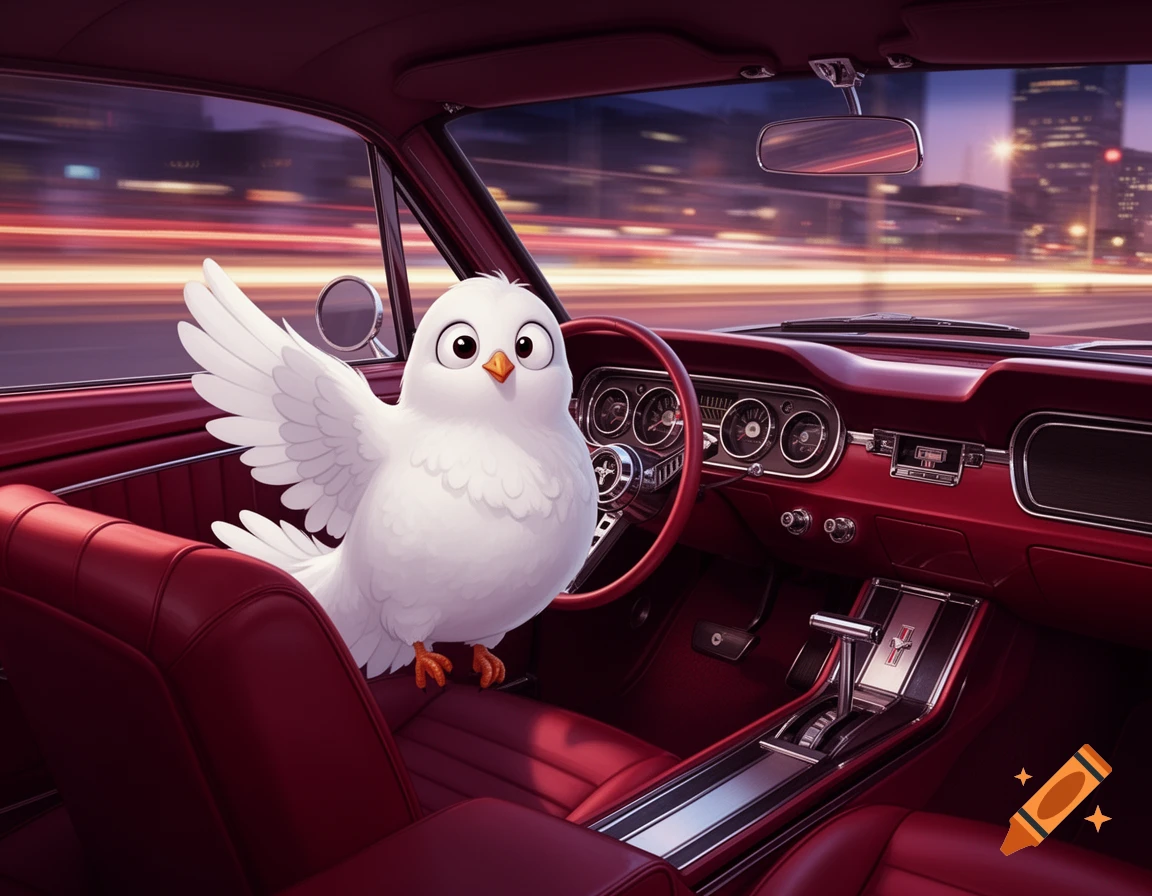 Cartoon white dove with outstretched wing in the driver's seat of a red vintage Ford Mustang, speeding through a city at night.