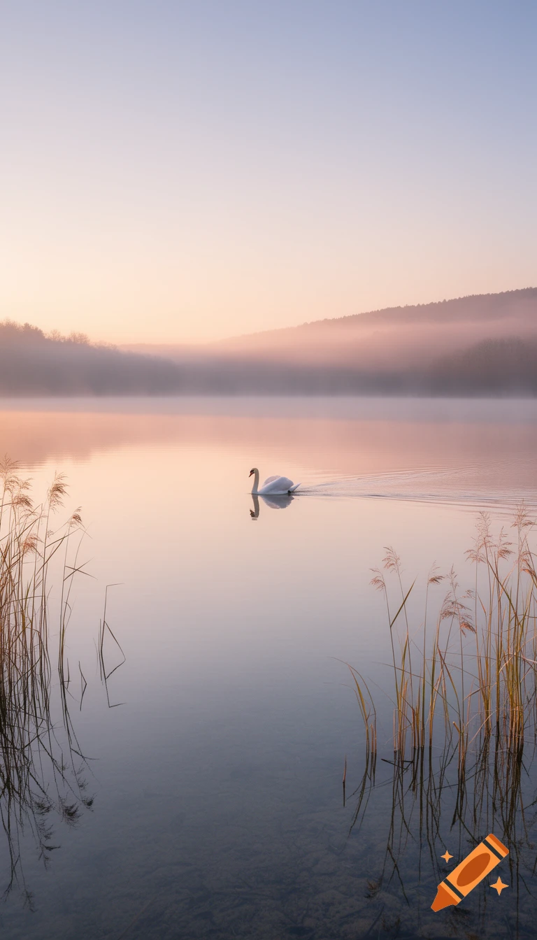 A white swan glides across a tranquil, foggy lake at sunrise, with reeds in the foreground and misty hills in the background.