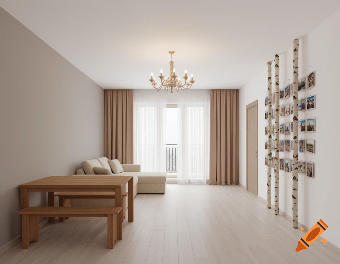 A bright, modern living room with a wooden dining set, a beige L-shaped couch, and a white wall decorated with birch logs and small photo collages.