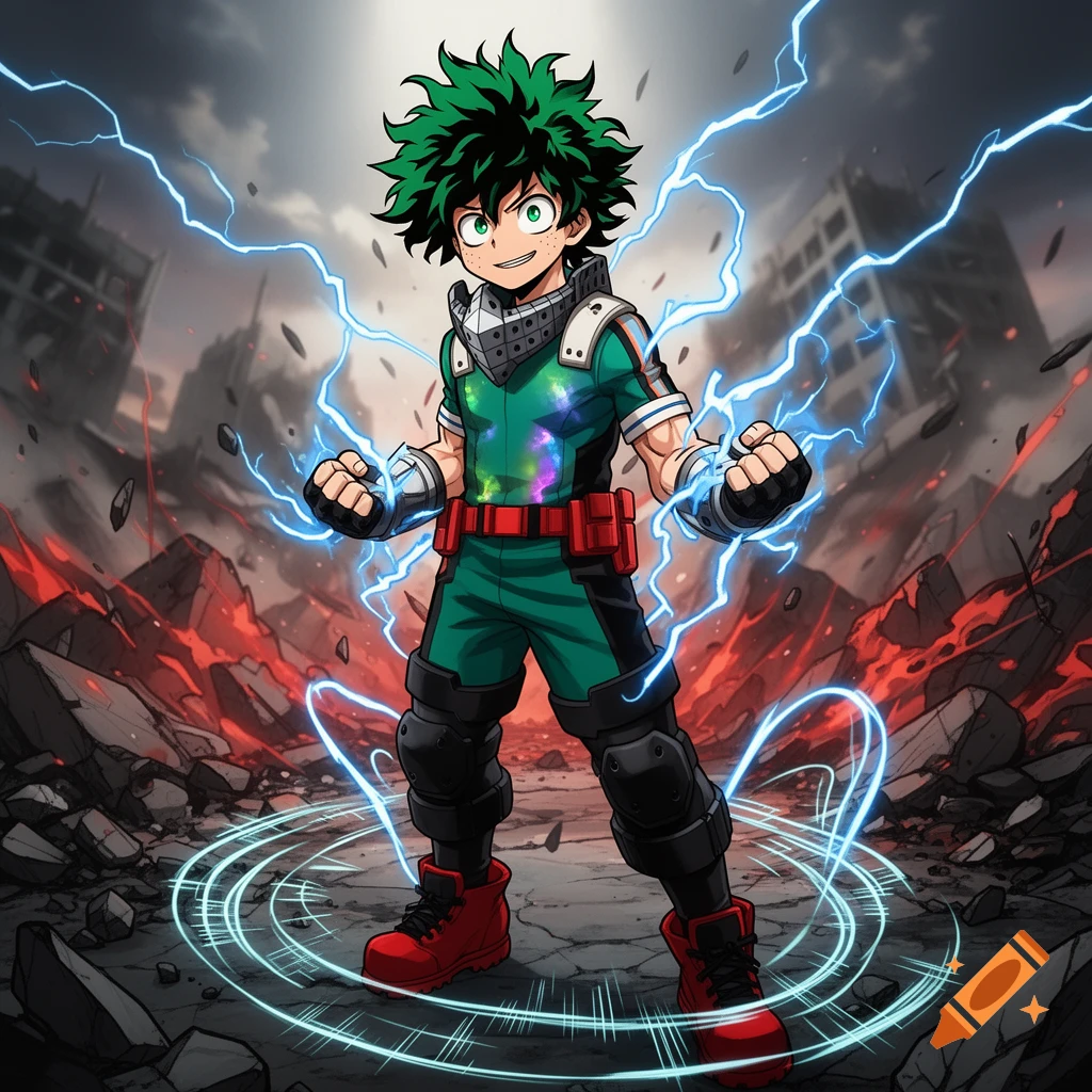 An anime character, Deku, with green hair and a green suit, stands in a destroyed city surrounded by blue lightning.