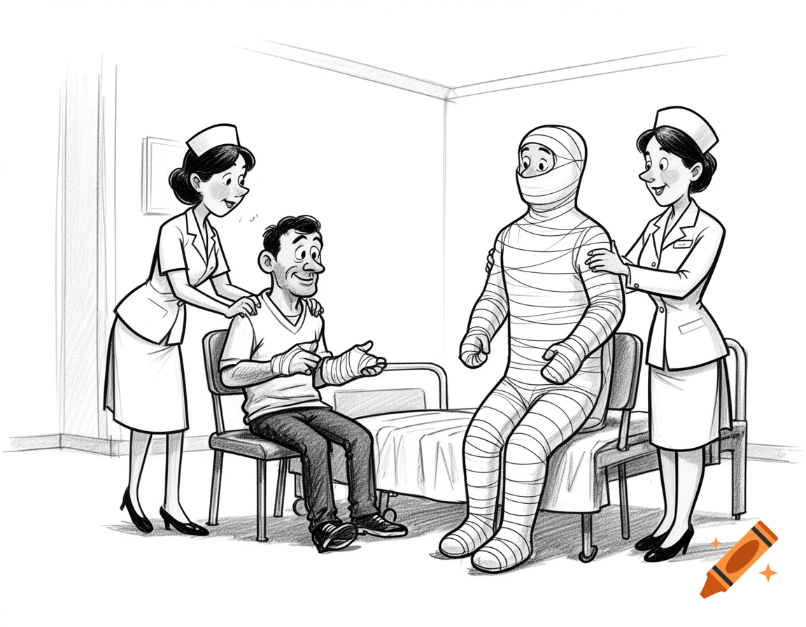 Black and white cartoon of two nurses tending to two male patients in a hospital room, one with an arm cast and one fully bandaged.