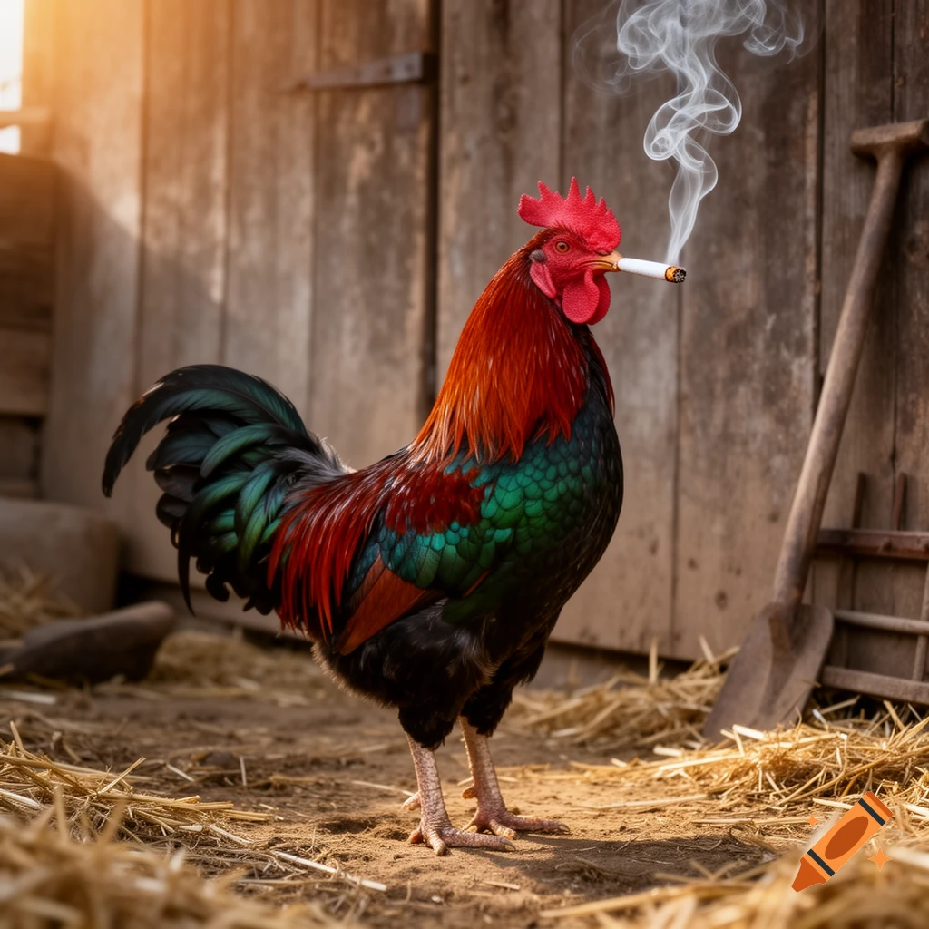 A photorealistic rooster with vibrant red and green feathers stands in a sunny barnyard, smoking a cigarette.
