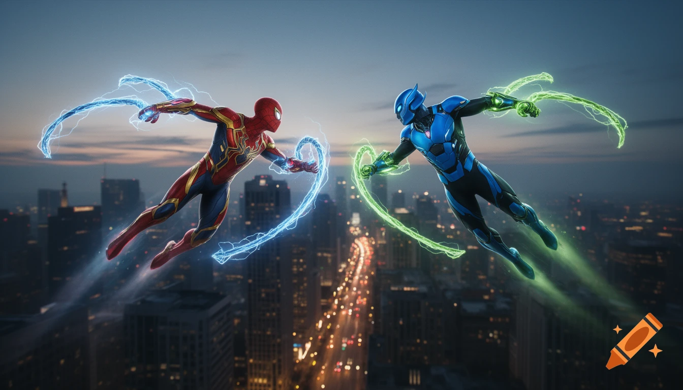 Iron Spider-Man and Blue Beetle, glowing with energy, leap towards each other for battle over a city at dusk, cinematic style.