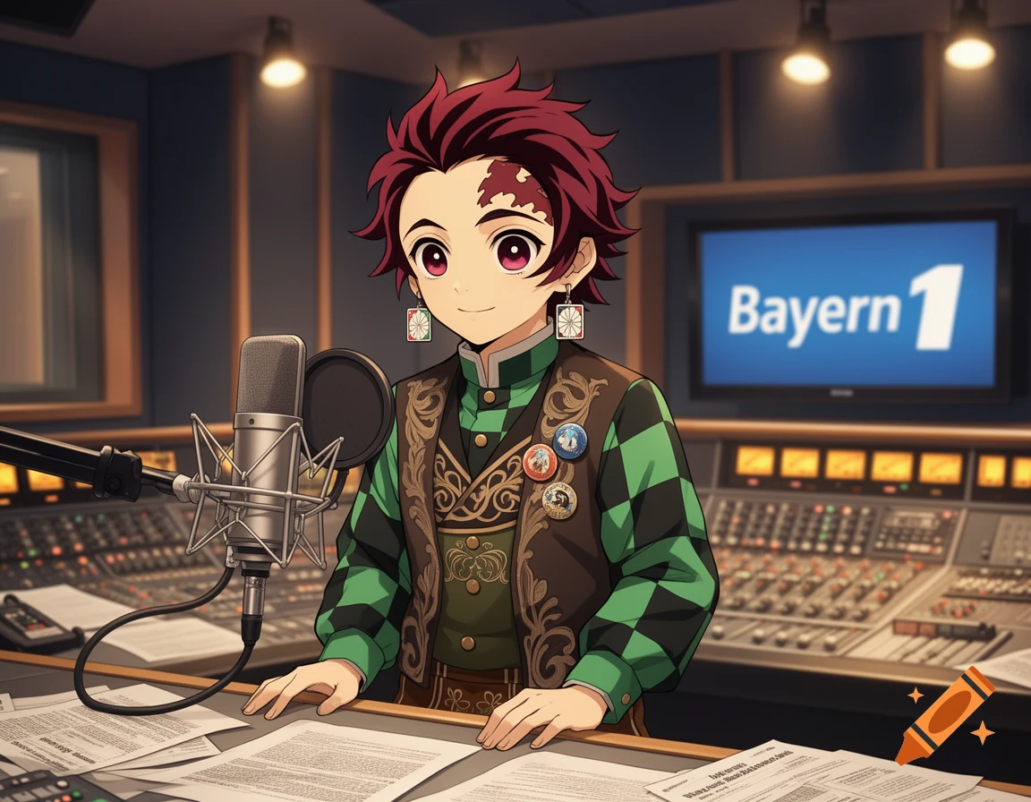 An anime character with red hair, wearing a green checkered shirt and brown vest, sits in a radio studio with a microphone, papers, and a screen displaying "Bayern 1" behind him.