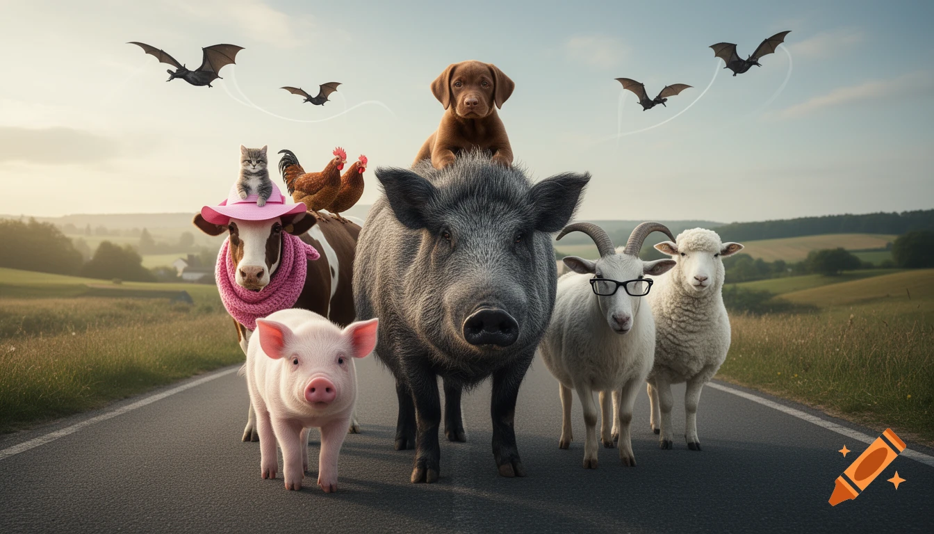 A photorealistic image of an animal parade on a rural road featuring a piglet, boar with a puppy, cow with a kitten and chickens, a goat in glasses, a sheep, and bats flying.