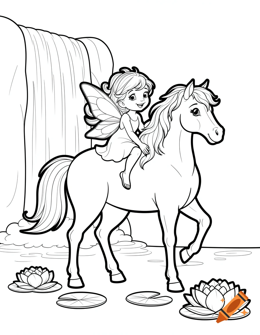 Black and white line art coloring page of a cute fairy riding a horse by a waterfall with water lilies.