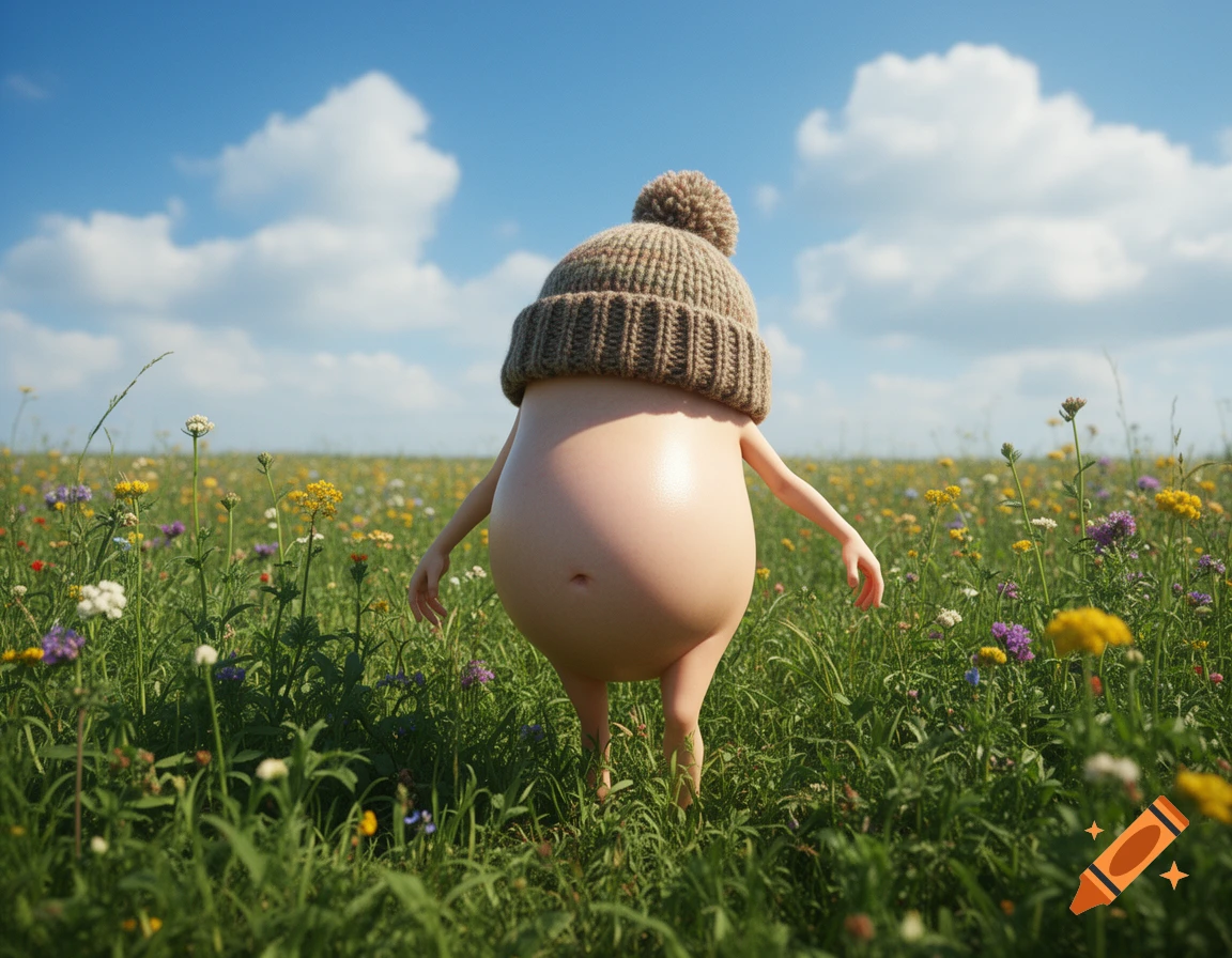 Photorealistic anthropomorphic belly character with a woolly hat walking through a sunny wildflower field under a blue sky.