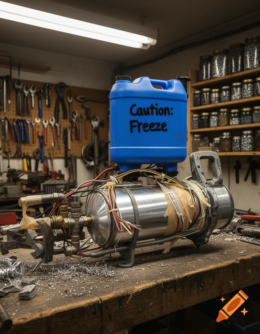 A DIY freeze cannon with a blue container labeled 'Caution: Freeze' sits on a cluttered workshop workbench, photorealistic.