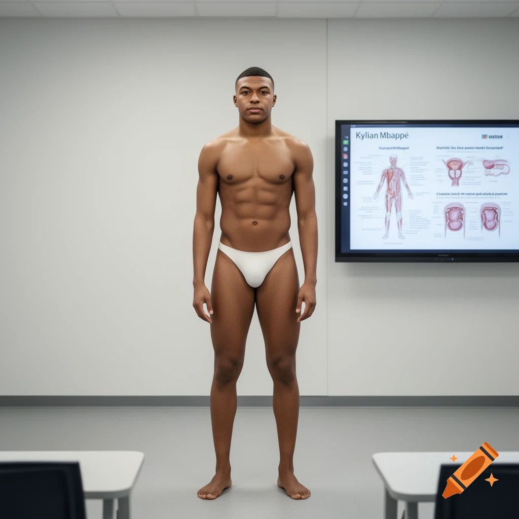 A man resembling Kylian Mbappé in white briefs stands centered in a classroom, with a screen displaying human anatomy diagrams behind him.