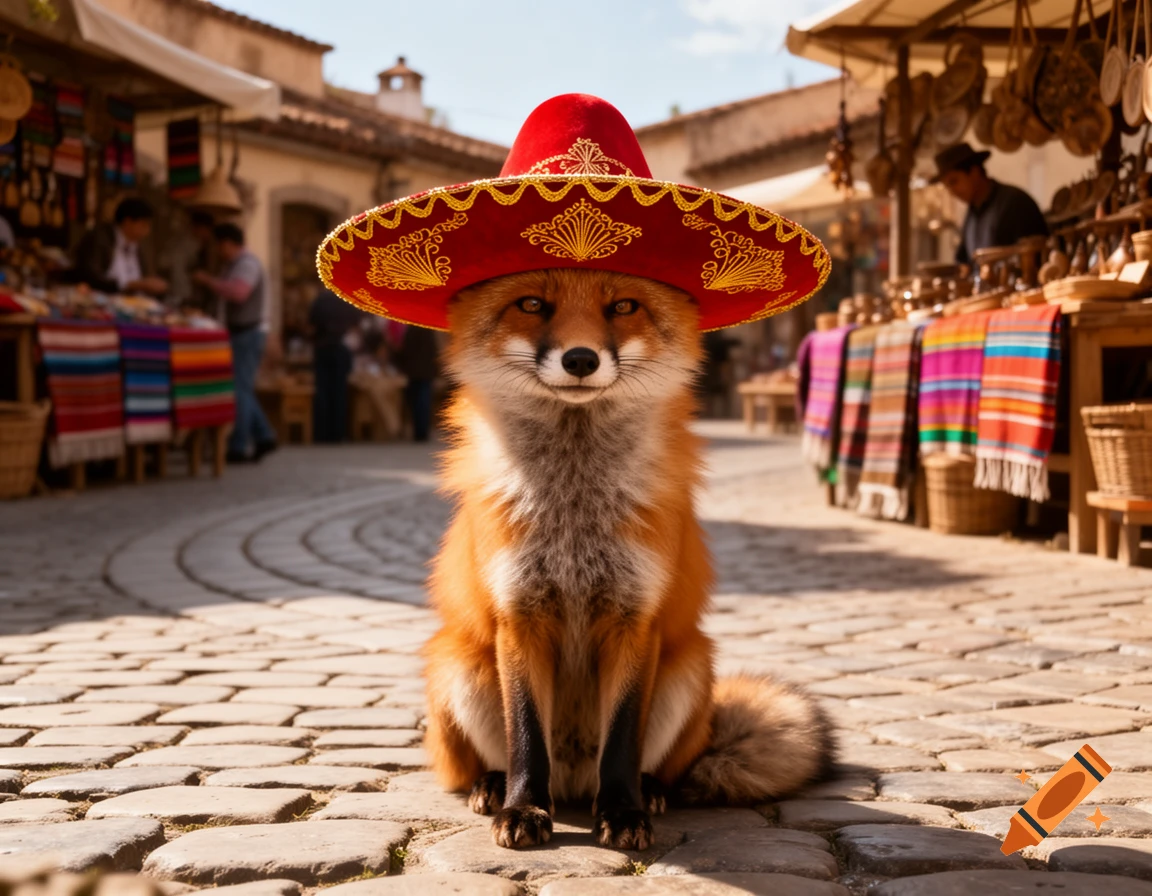 A red fox wearing a red sombrero sits on a cobblestone street in a bustling outdoor market, looking directly at the viewer. Photorealistic.