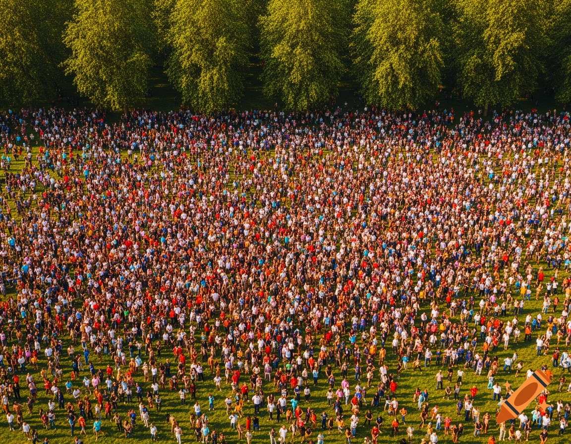 An aerial view of a massive crowd of people gathered on a green field bordered by lush trees.