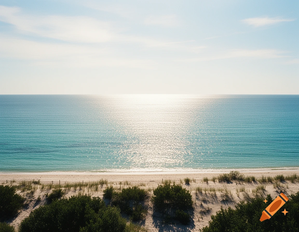 A serene view of a calm turquoise ocean with sun glittering on the surface, a sandy beach, and green bushes under a bright sky.