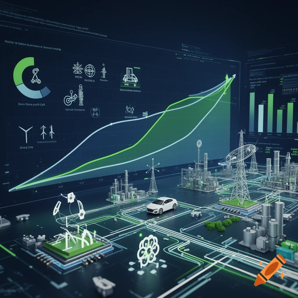 A futuristic digital dashboard displays a semiconductor market forecast with green growth curves, industrial applications, and a white car on a circuit board, against a dark background.
