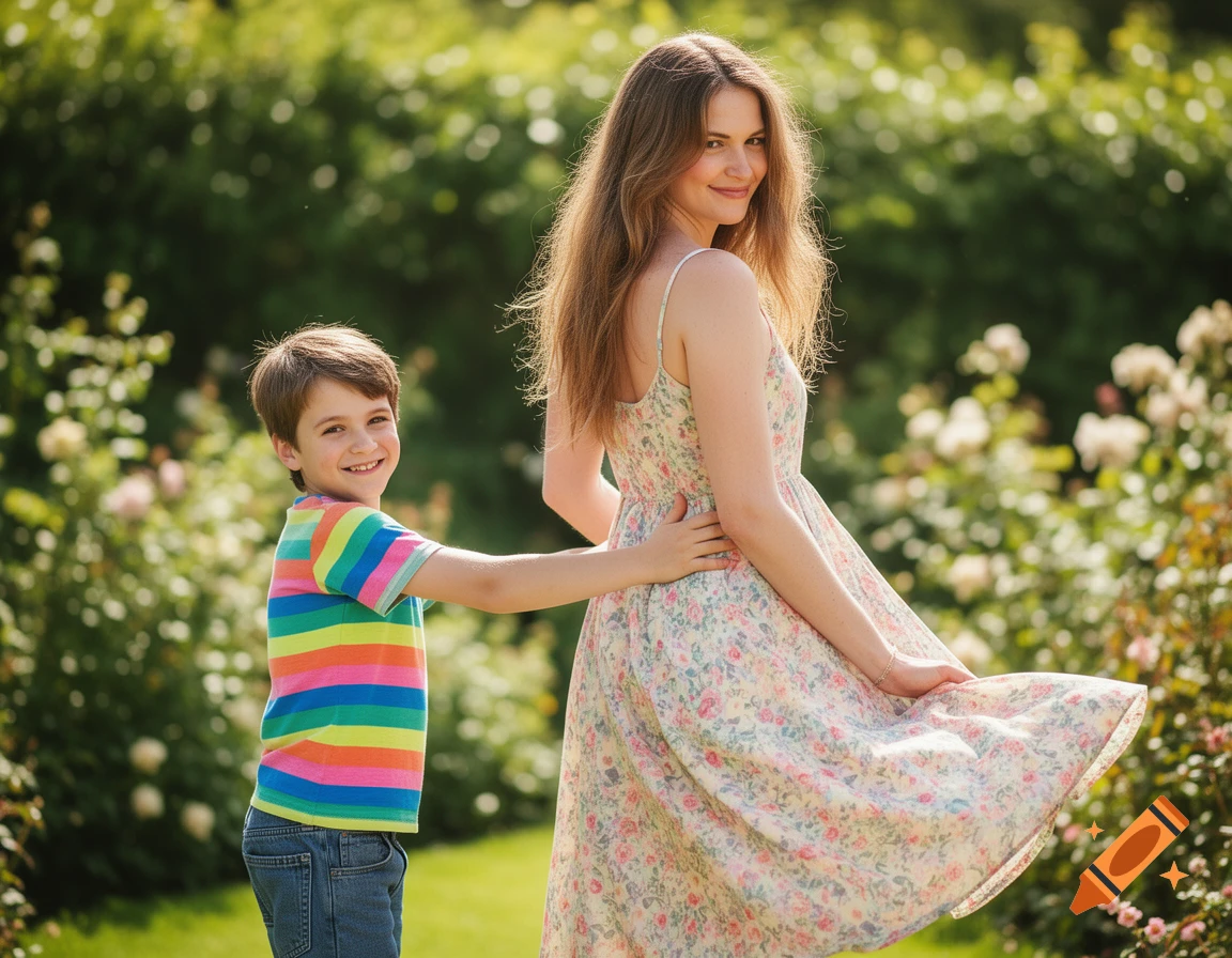 A young boy in a striped shirt gently holds the hip of a smiling woman in a floral dress, both posing in a bright, sunny garden.