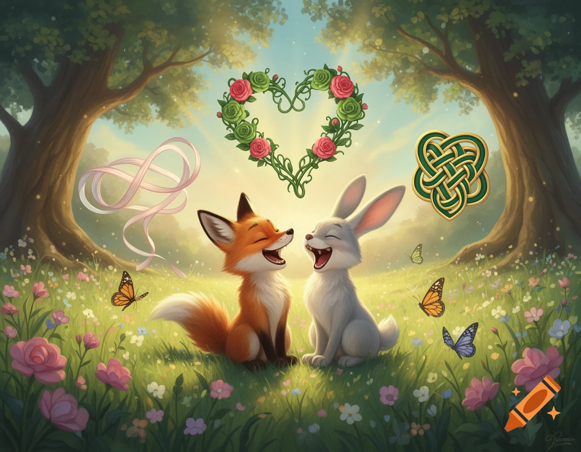 Cartoon fox and rabbit laugh happily in a sunny, flower-filled meadow, with a heart of roses, infinity ribbon, and Celtic knot floating above.