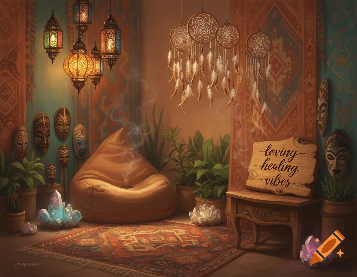 A cozy, bohemian-style room with hanging lanterns, dreamcatchers, a beanbag, plants, crystals, tribal masks, and a sign reading 'loving healing vibes'.